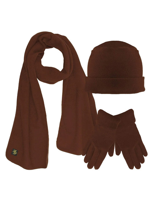 Brown 3 Piece Fleece Hat Scarf & Glove Matching Set